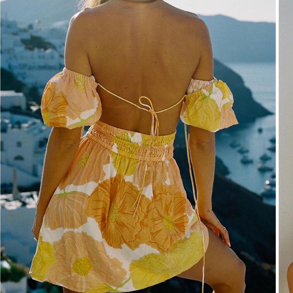 Off-Shoulder Floral Mini Dress in Peach and Yellow - Picture 2 of 9